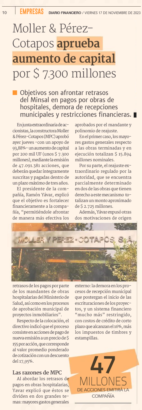 Moller & Pérez-Cotapos aprueba aumento de capital por $7.300 millones