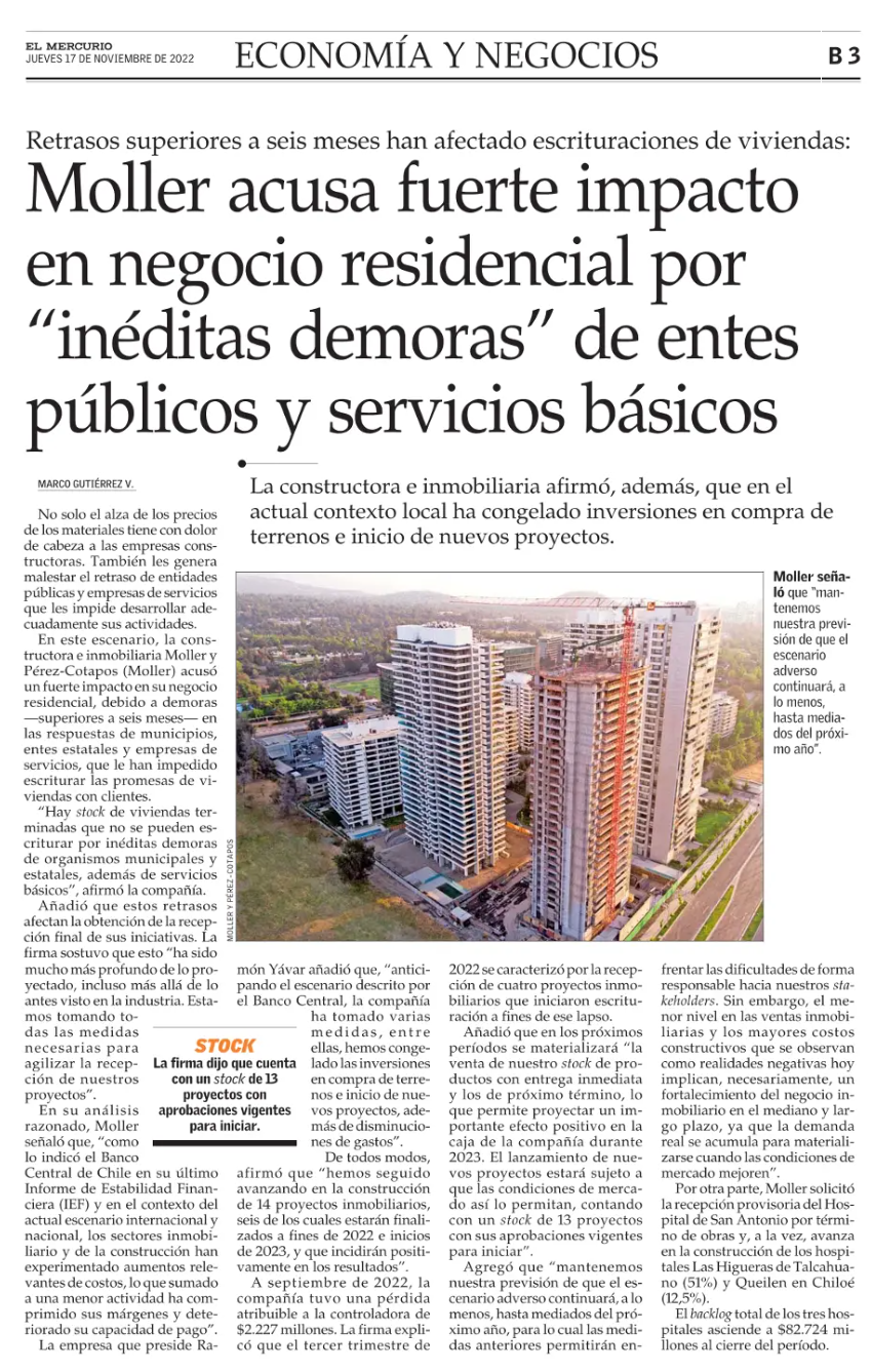 Moller acusa fuerte impacto en negocio residencial por "inéditas demoras" de entes públicos y servicios básicos