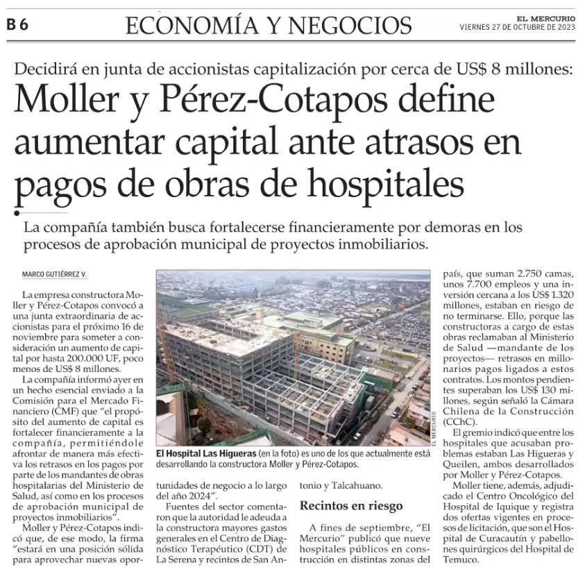Moller y Pérez-Cotapos define aumentar capital ante atrasos en pagos de obras de hospitales