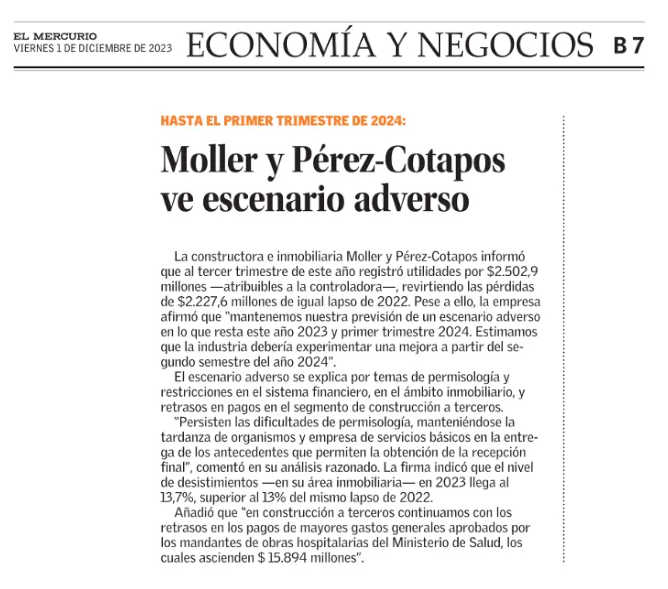 Moller y Pérez-Cotapos ve escenario adverso
