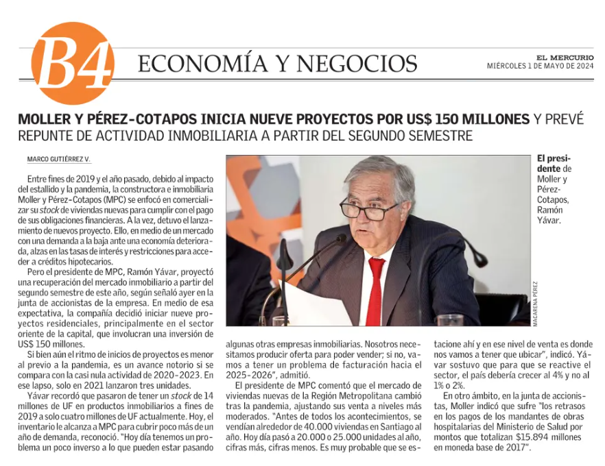 Moller y Pérez-Cotapos inicia nueve proyectos por US$ 150 millones y prevé repunte de actividad inmobiliaria a partir del segundo semestre