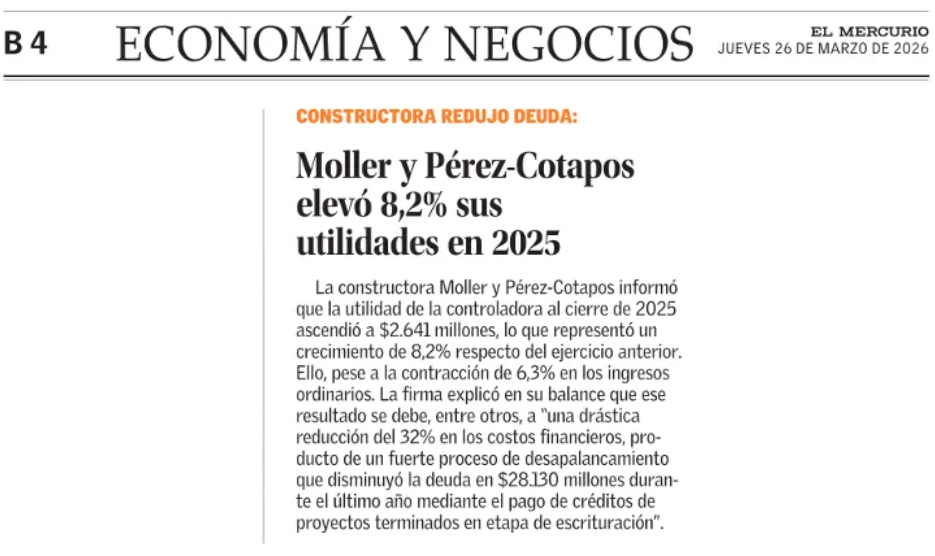 Moller y Pérez-Cotapos elevó en 8,2% sus utilidades en 2025